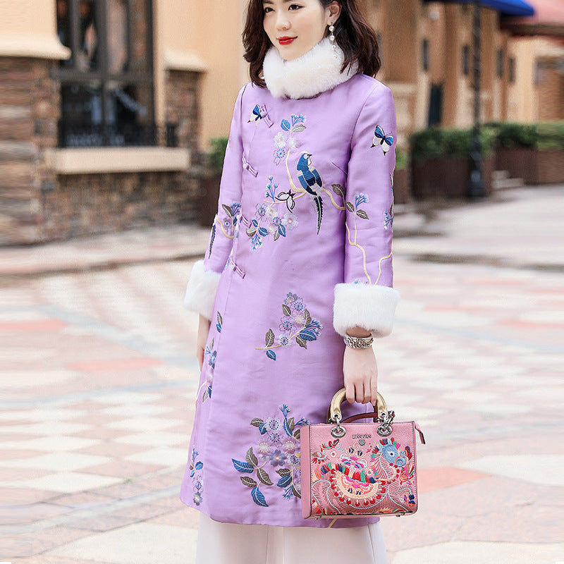 Fur Collar & Cuff Floral Embroidery Chinese Style Long Women's Wadded Wind Coat