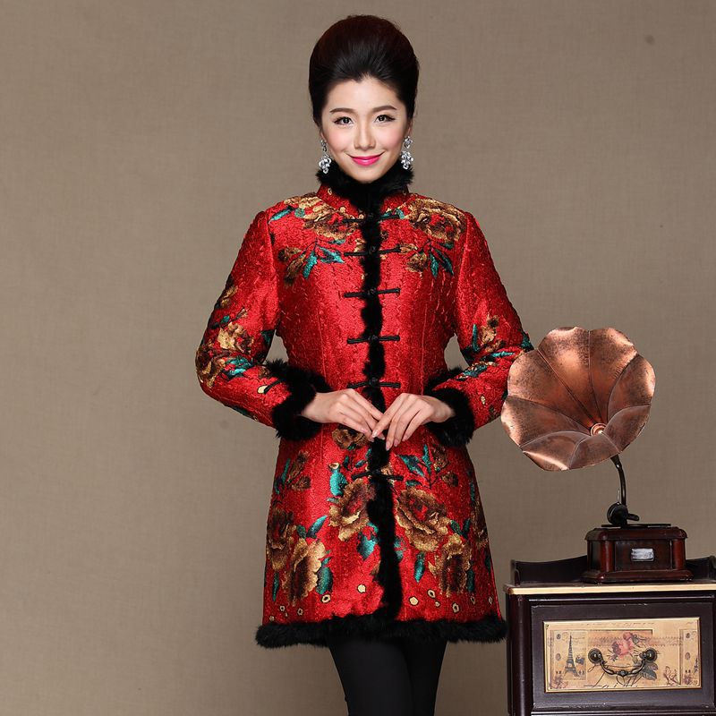 Fur Collar & Cuff Floral Silk & Linen Chinese Style Women's Wadded Coat