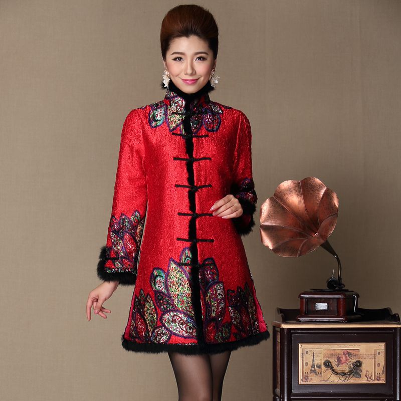 Fur Collar & Cuff Floral Silk & Linen Chinese Style Women's Wadded Coat