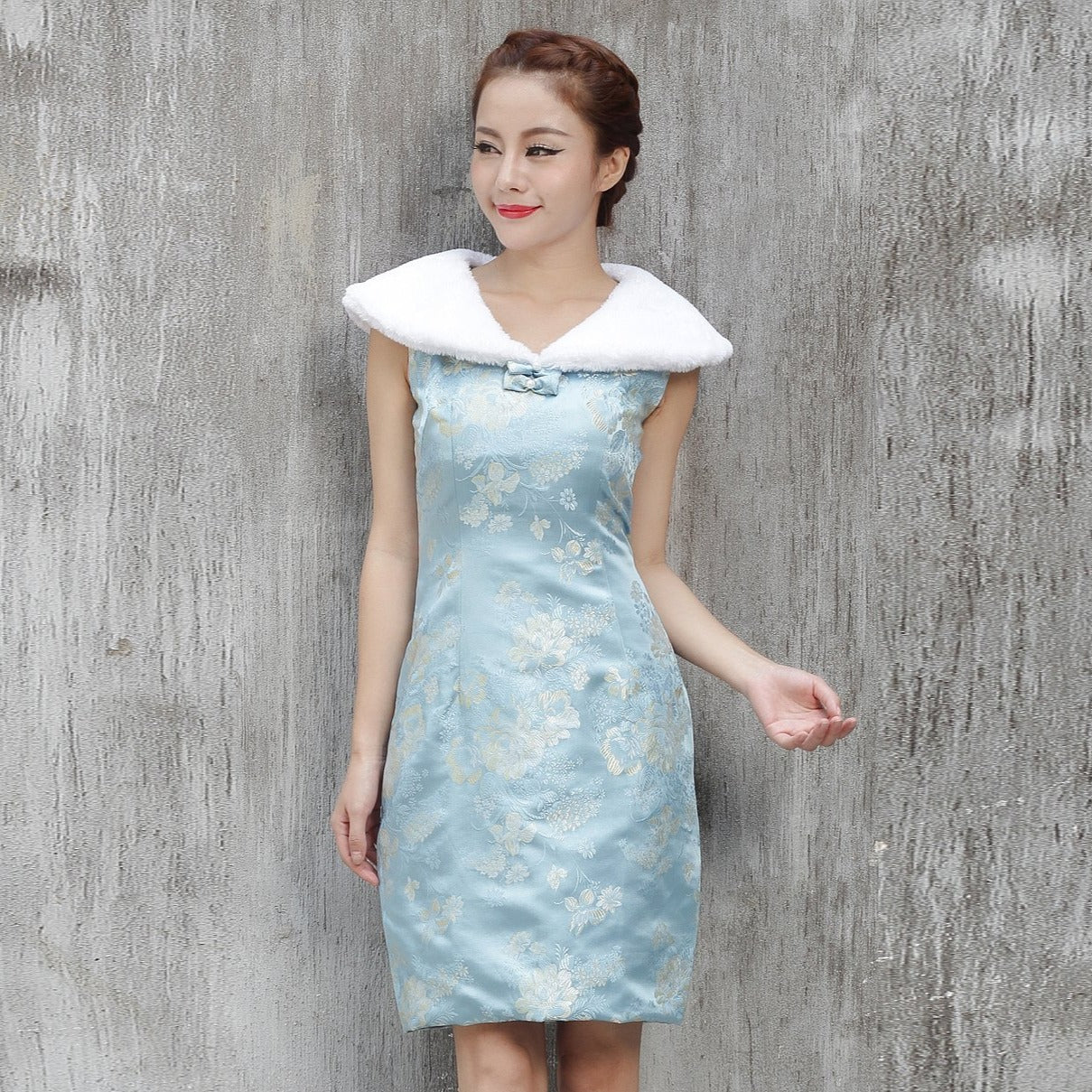 Fur Collar Floral Brocade Knee Length Wadded Chinese Dress