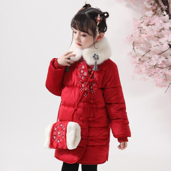 Fur Collar Floral Embroidery Chinese Style Girl's Wadded Coat