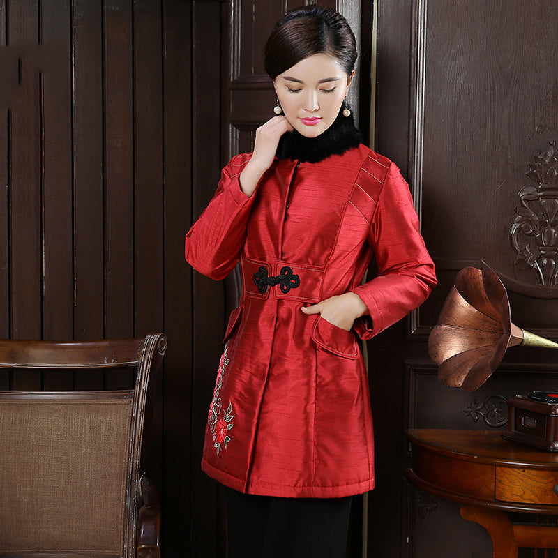 Fur Collar Floral Embroidery Chinese Style Wadded Coat