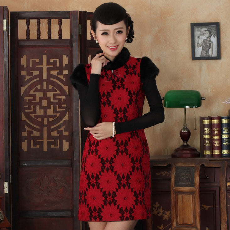 Fur Collar Velvet with Floral Lace Cheongsam Chinese Dress