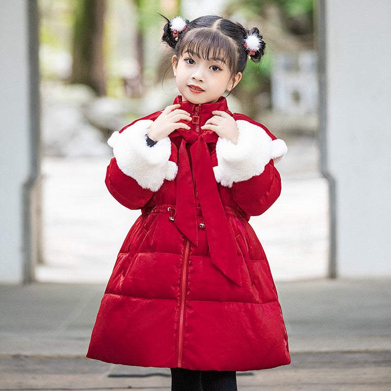 Fur Cuff Chinese Style Girl's Wadded Coat with Cape