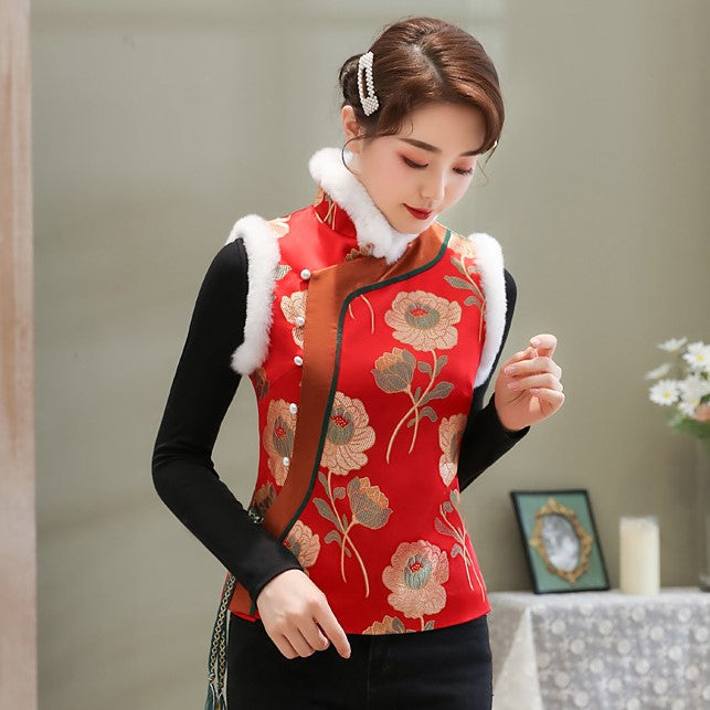 Fur Collar & Cuff Floral Brocade Chinese Style Waistcoat Vest