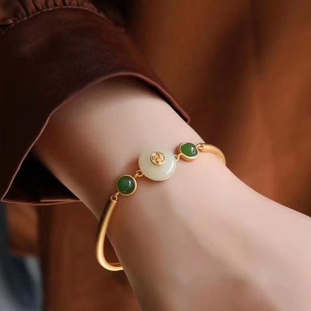 Gilding Fu Character White Jade Chinese Style Bracelet