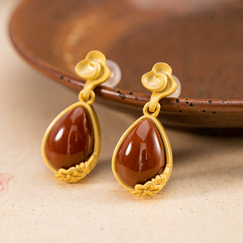 Gilding Lotus & Red Agate Chinese Style Earrings