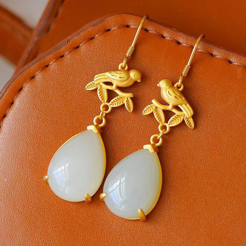 Gilding Magpie & Jade Pendant Chinese Style Earrings