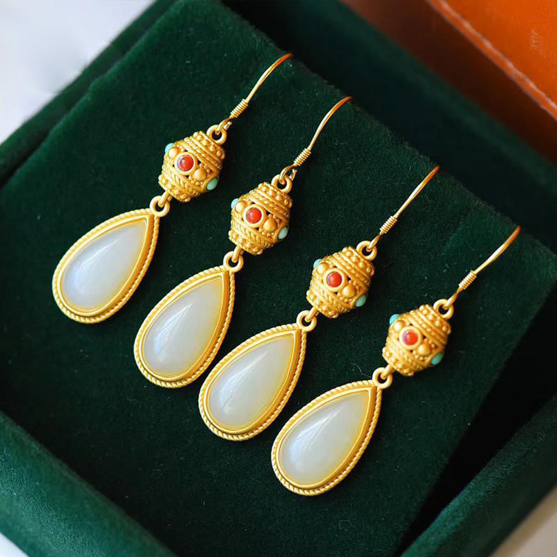 Gilding Prayer Wheel & White Jade Chinese Style Earrings