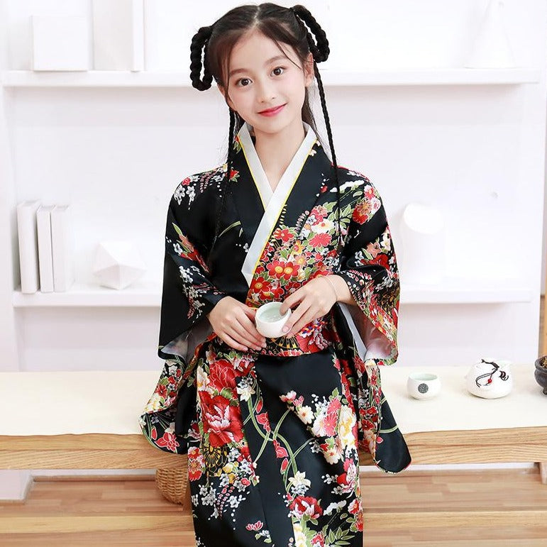 Girl's Traditional Japanese Kimono Floral Silk Yukata