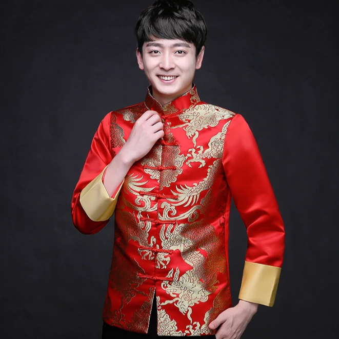 Gold Dragon Pattern Satin Chinese Groom Suit with Strap Buttons