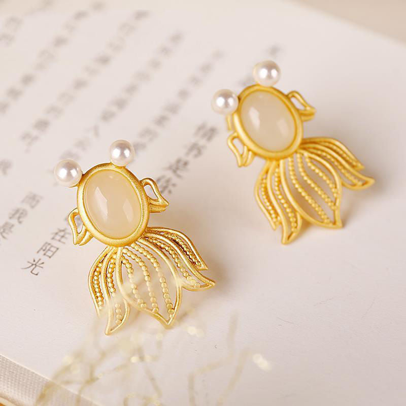 Goldfish Shape White Jade Chinese Style Gilding Earrings