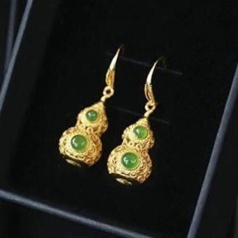 Gourd Shape Green Jade Chinese Style Gilding Earrings