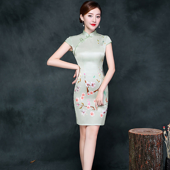 Cap Sleeve Floral Silk Blend Mini Cheongsam Chinese Dress