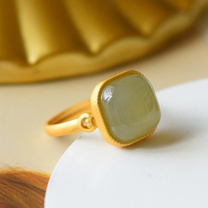 Green Jade Chinese Style Gilding Silver Ring