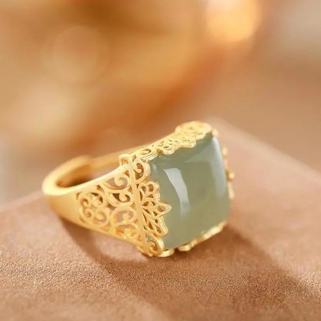 Green Jade Chinese Style Gilding Silver Ring