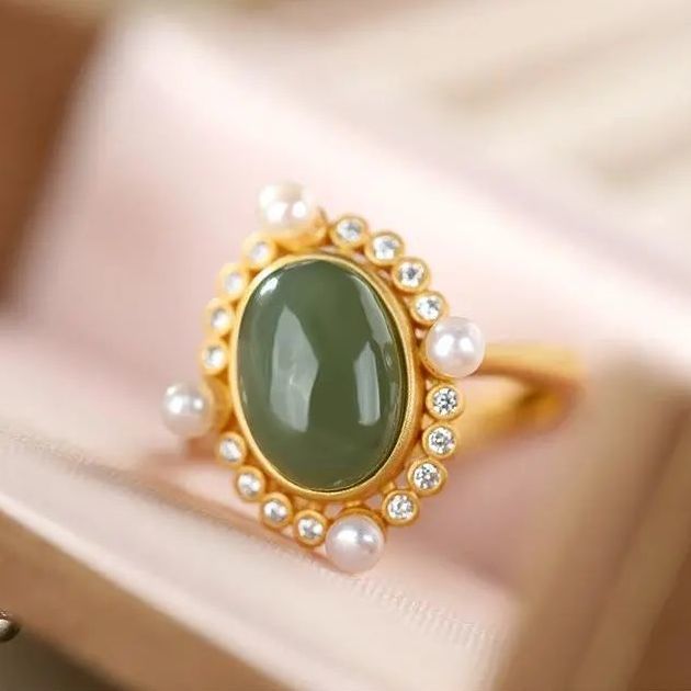 Green Jade Gem Chinese Style Gilding Silver Ring