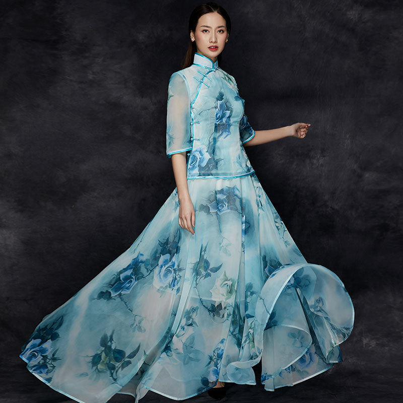 Half Sleeve Cheongsam Top Ball Gown Skirt Chinese Style Floral Sun Dress