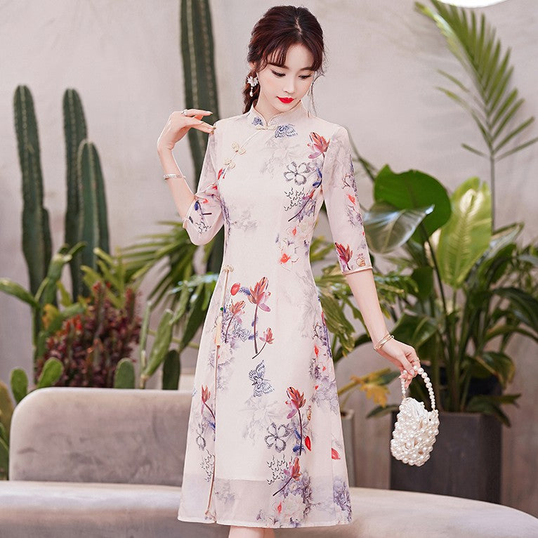 Half Sleeve Cheongsam Top Floral Ao Dai Dress Plus Size