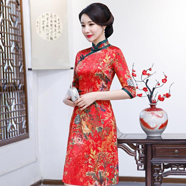 Half Sleeve Cheongsam Top Floral Knee Length Ao Dai Dress