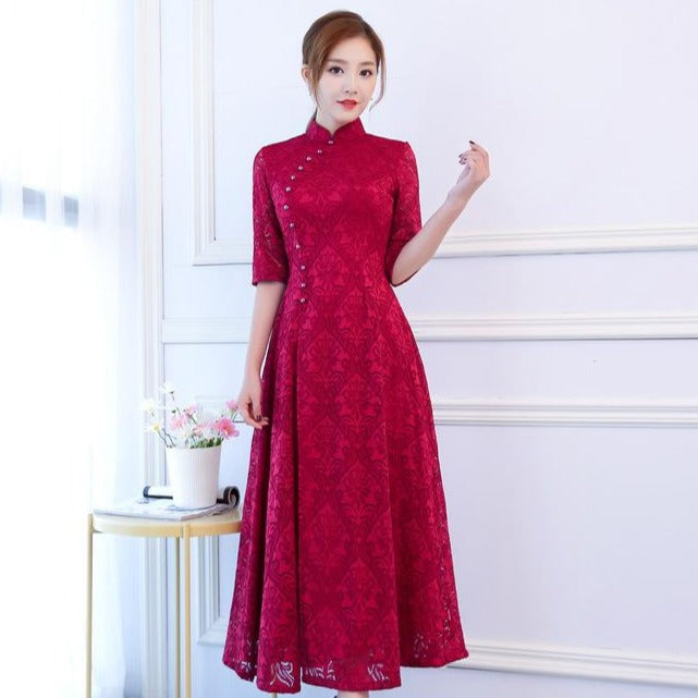 Half Sleeve Cheongsam Top Floral Lace Ao Dai Dress