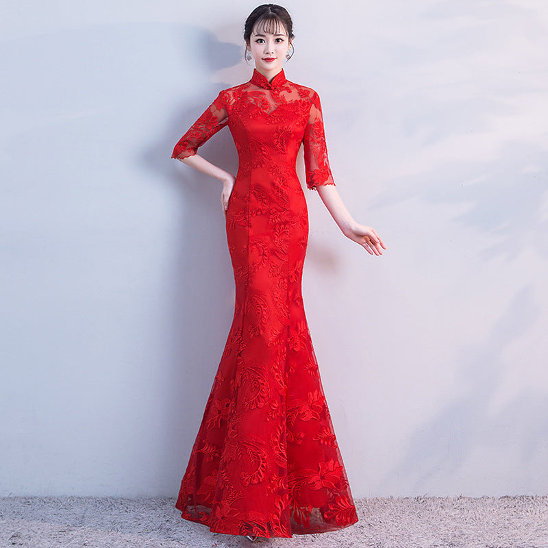 Half Sleeve Cheongsam Top Floral Lace Mermaid Evening Dress