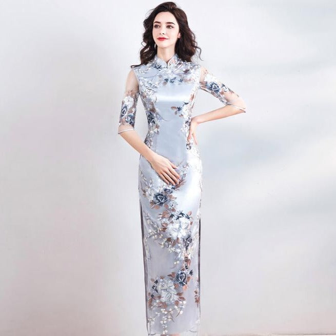 Half Sleeve Floral Brocade Full Length Cheongsam Evening Dress