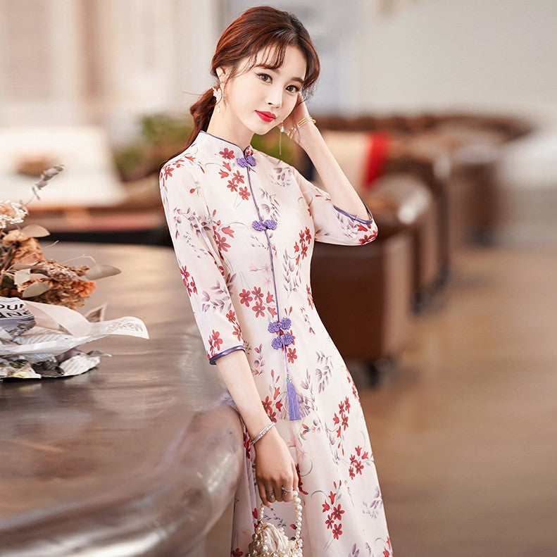 Half Sleeve Floral Cheongsam Chic Chinese Dress Plus Size