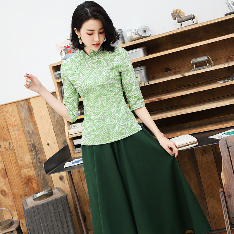 Half Sleeve Floral Cheongsam Top Traditional Chinese Shirt