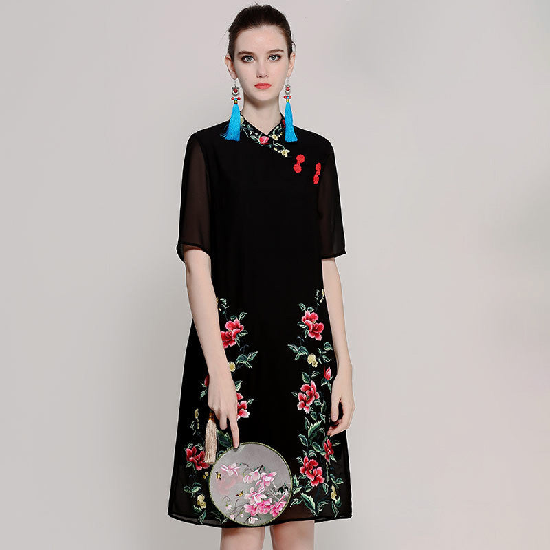 Half Sleeve Floral Embroidery Knee Length Cheongsam Prom Dress