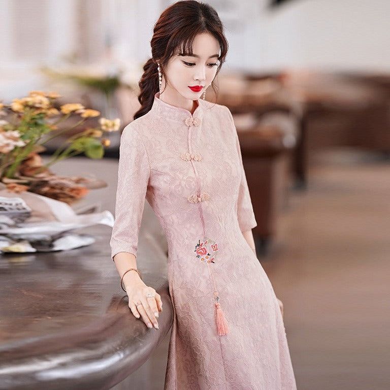 Half Sleeve Floral Lace Cheongsam Chic Chinese Dress Plus Size