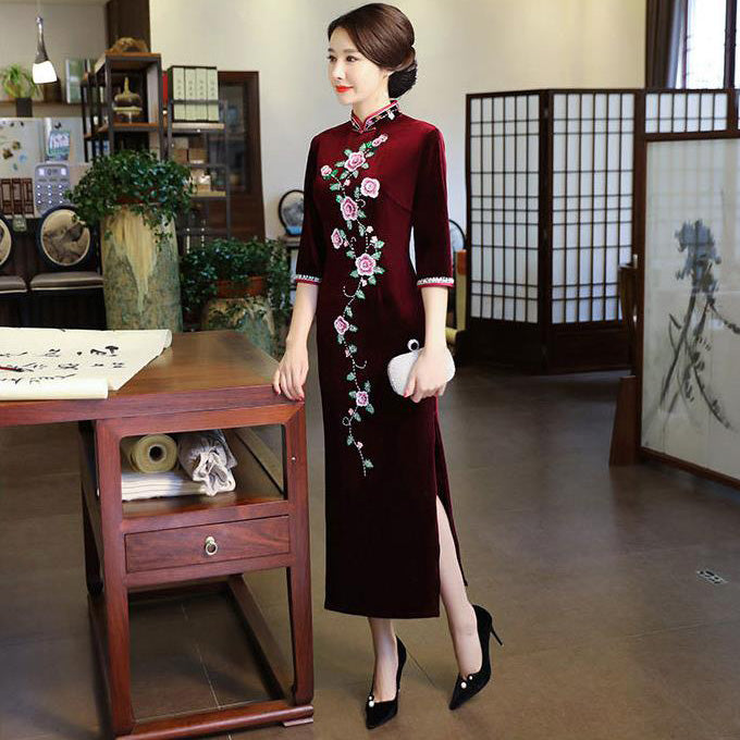 Half Sleeve Floral Sequins Mandarin Collar Velvet Cheongsam Evening Dress