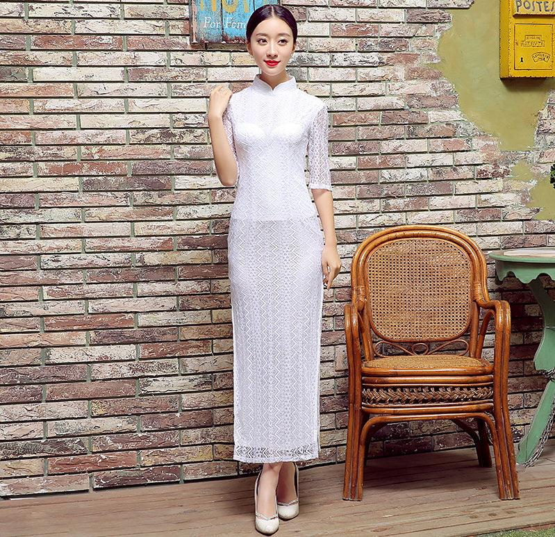 Half Sleeve Full Length Classic Lace Cheongsam Chinese Dress