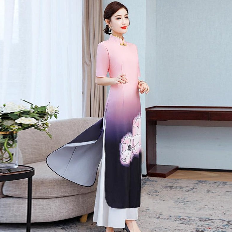 Half Sleeve Full Length Floral Print Chiffon Ao Dai Dress