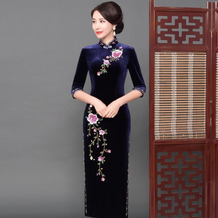 Half Sleeve Full Length Velvet Cheongsam Mother Dress