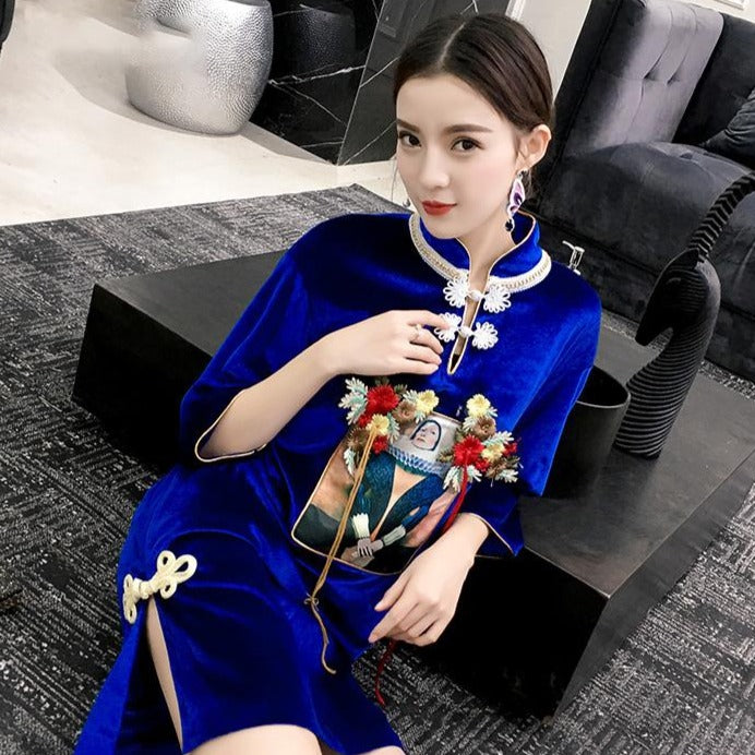 Half Sleeve Key Hole Neck Velvet Modern Cheongsam Chinese Dress