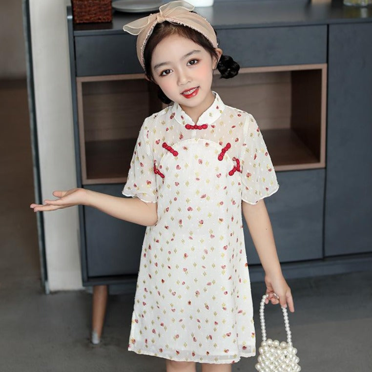 Half Sleeve Kid's Cheongsam Floral Chiffon Chinese Dress