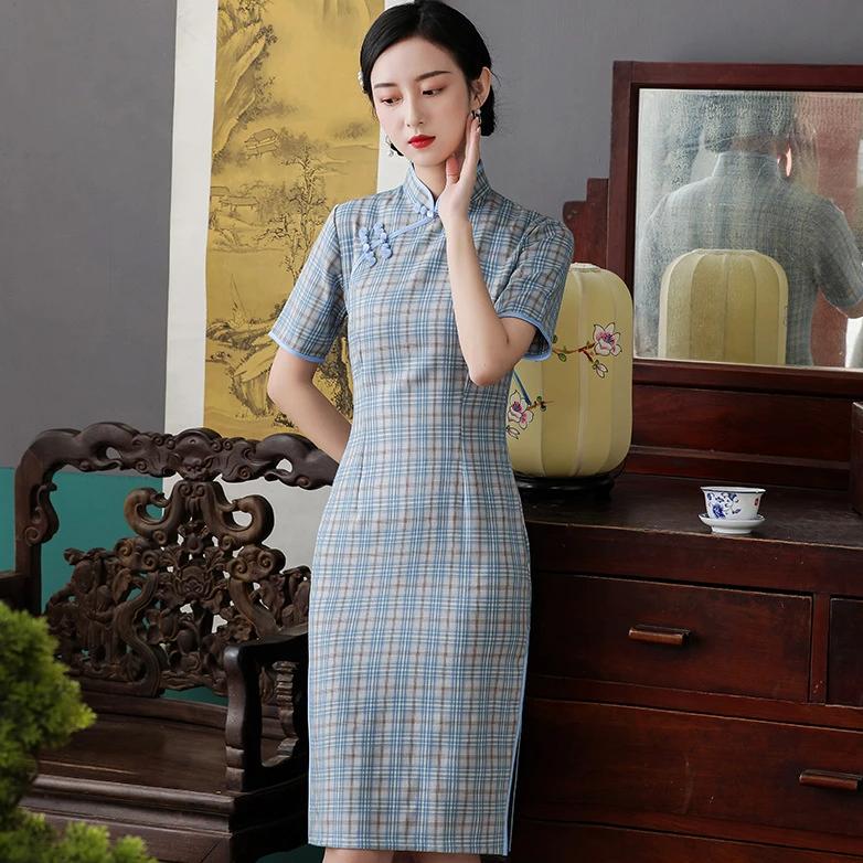 Half Sleeve Knee Length Cheongsam Plaids & Checks Chinese Dress