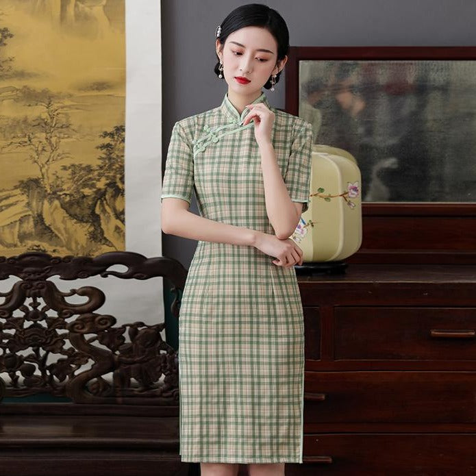 Half Sleeve Knee Length Cheongsam Plaids & Checks Chinese Dress