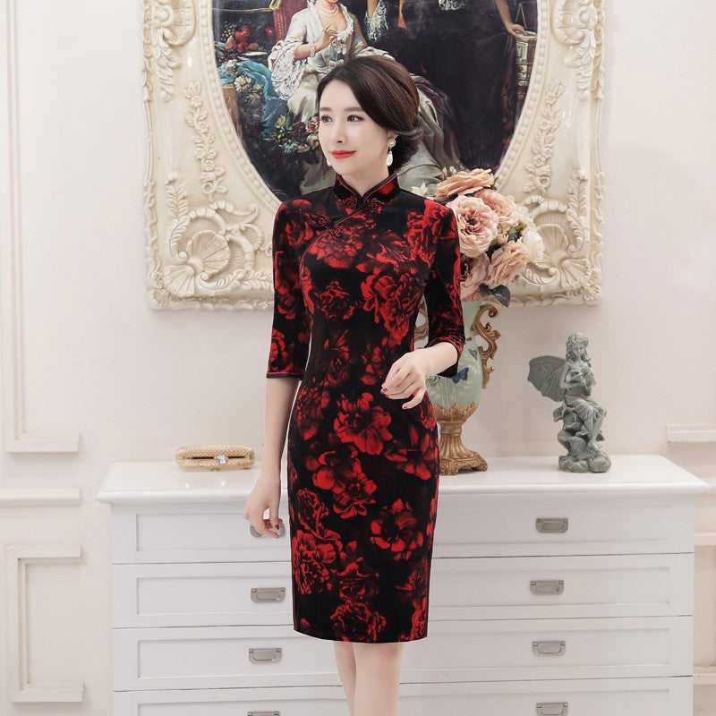 Half Sleeve knee Length Floral Velvet Cheongsam Chinese Dress