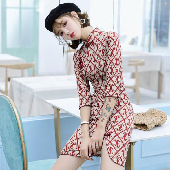 Half Sleeve Knee Length Modern Cheongsam Chinese Style Day Dress