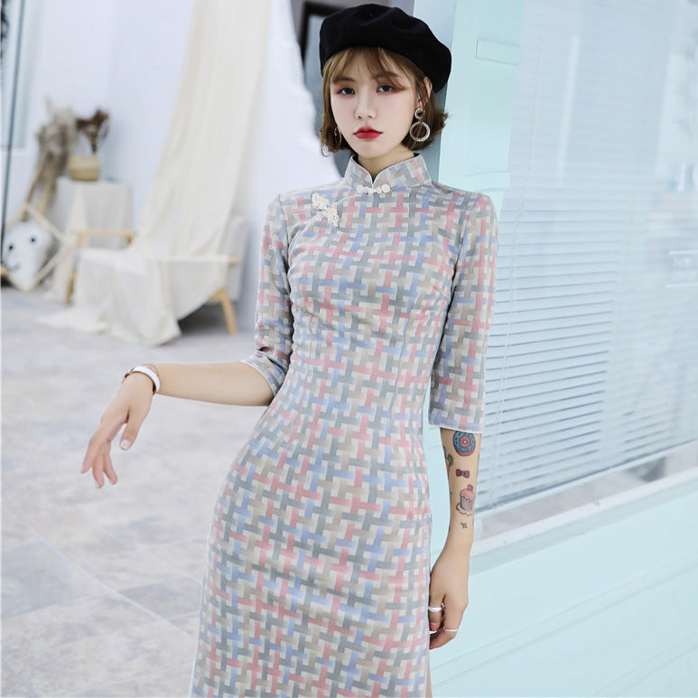 Half Sleeve Knee Length Suede Retro Cheongsam Chinese Style Plaids Dress