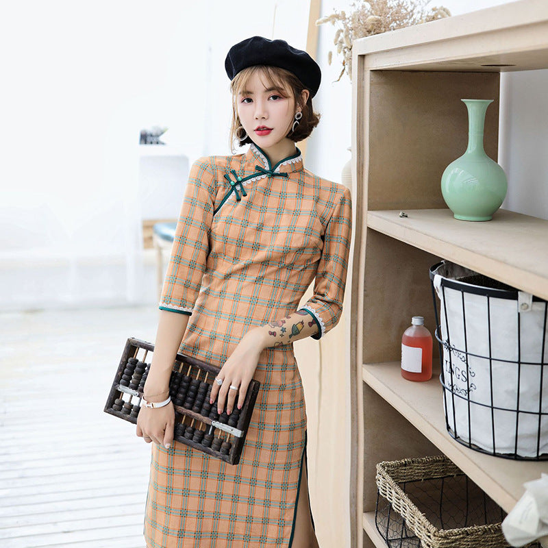 Half Sleeve Knee Length Suede Retro Cheongsam Chinese Style Plaids Dress