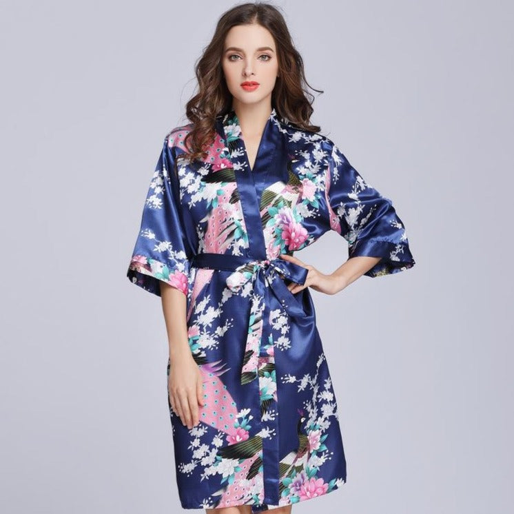 Half Sleeve Peacock Pattern Silk Kimono Yukata Sleepwear