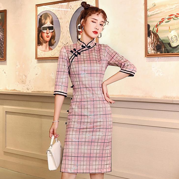 Half Sleeve Plaids & Checks Suede Modern Cheongsam Day Dress