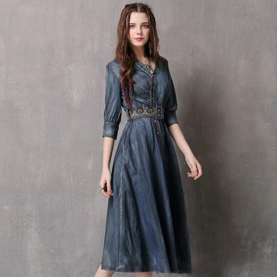 Half Sleeve Retro Chinese Style Jean Dress with Floral Embroidery Belt