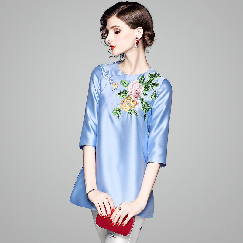 Half Sleeve Round Neck Floral Embroidery Chinese Style Blouse