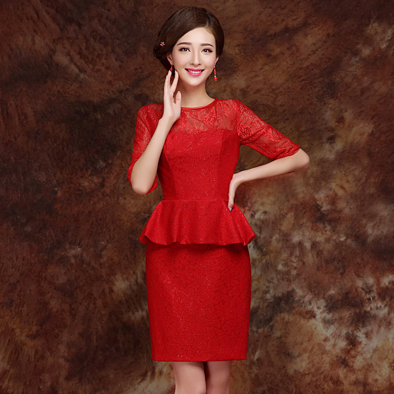 Half Sleeve Ruffle Hem Top Lace Chinese Wedding Party Dress