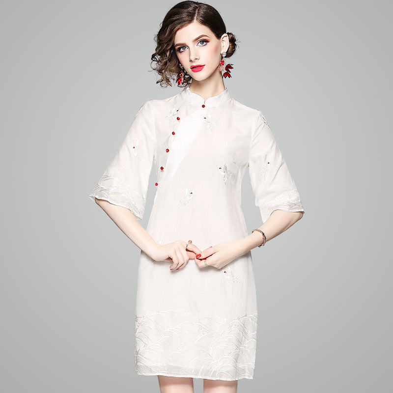 Half Sleeve Silk Wadding Knee Length Cheongsam Dress