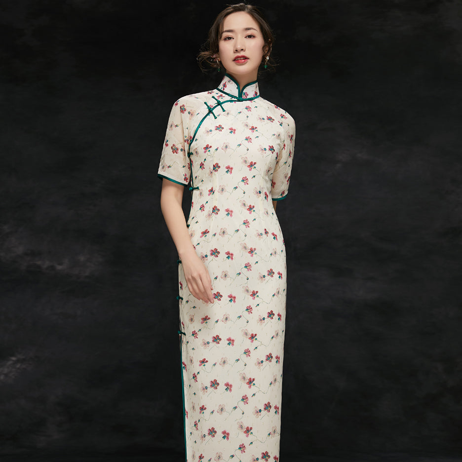 Half Sleeve Tea Length Floral Cheongsam Bodycon Qipao Dress